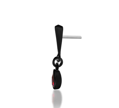 Junipurr Blood Drip solid 14k gold black-rhodium Garnet CZ dangle threadless end, product view.