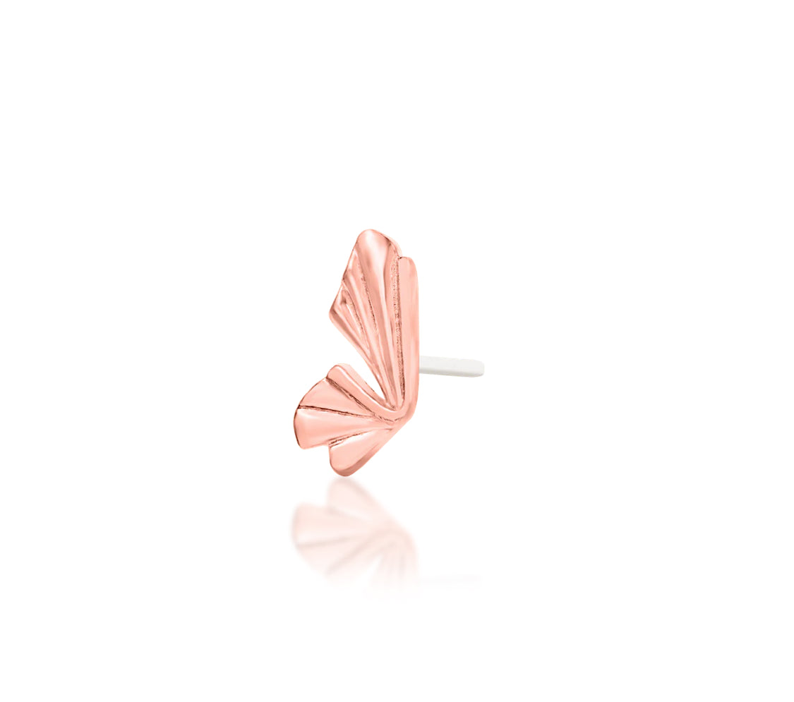Junipurr Butterflights solid 14k rose gold butterfly threadless end, angled view.