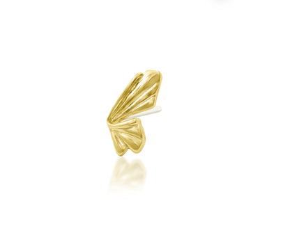Junipurr Butterflights solid 14k yellow gold butterfly threadless end, angled view.