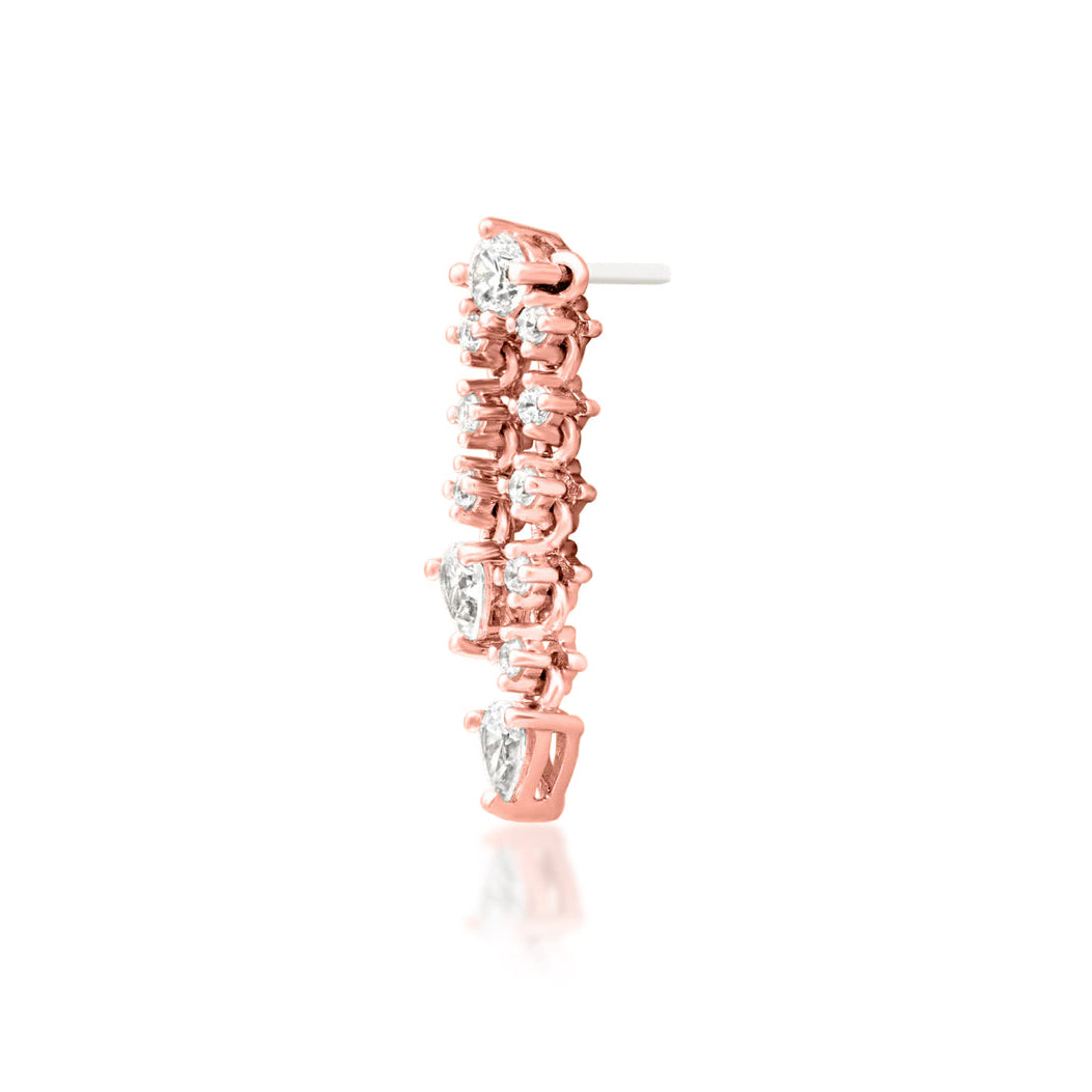 Angled view of Junipurr Calista CZ threadless end in 14k rose gold.