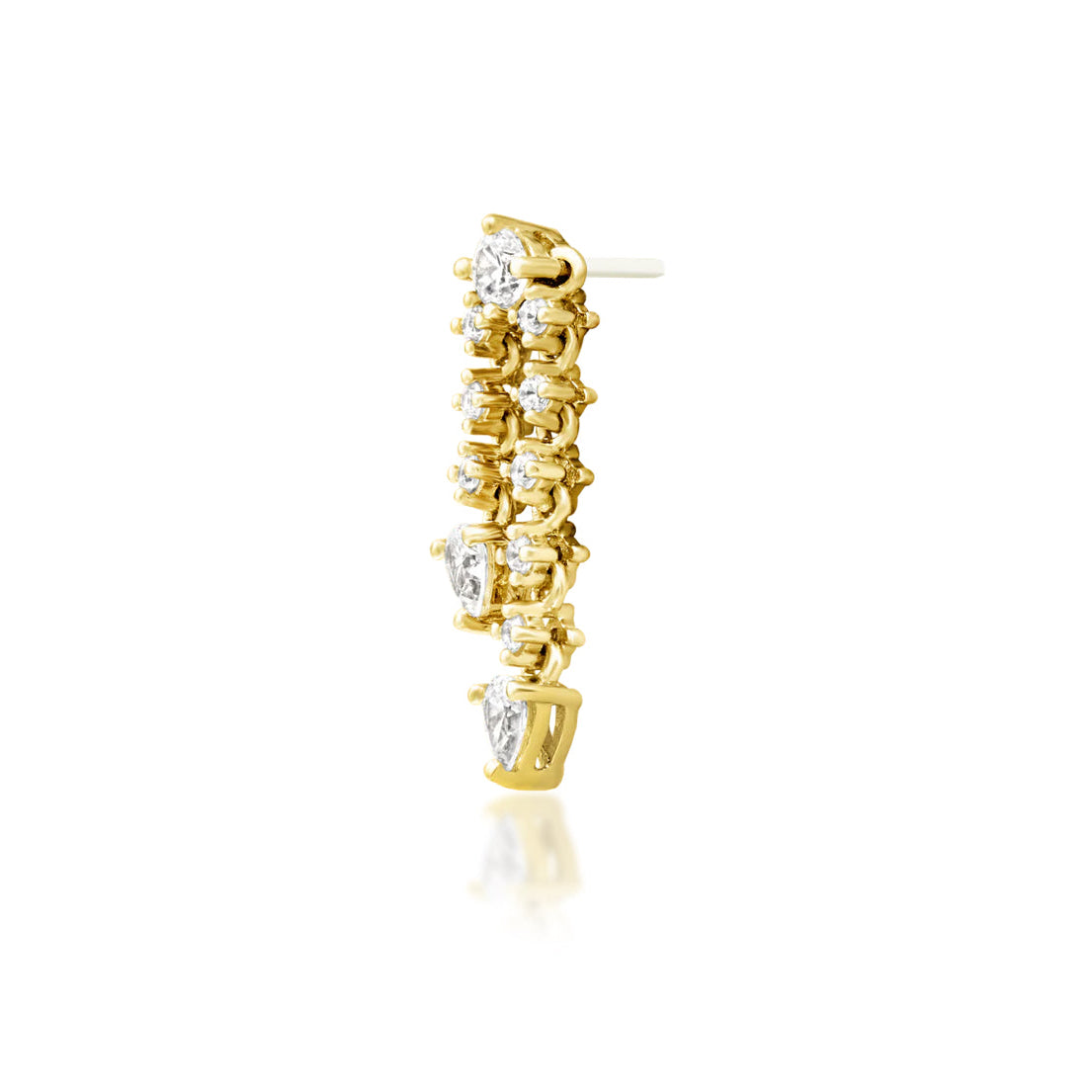 Angled view of Junipurr Calista CZ threadless end in 14k yellow gold.