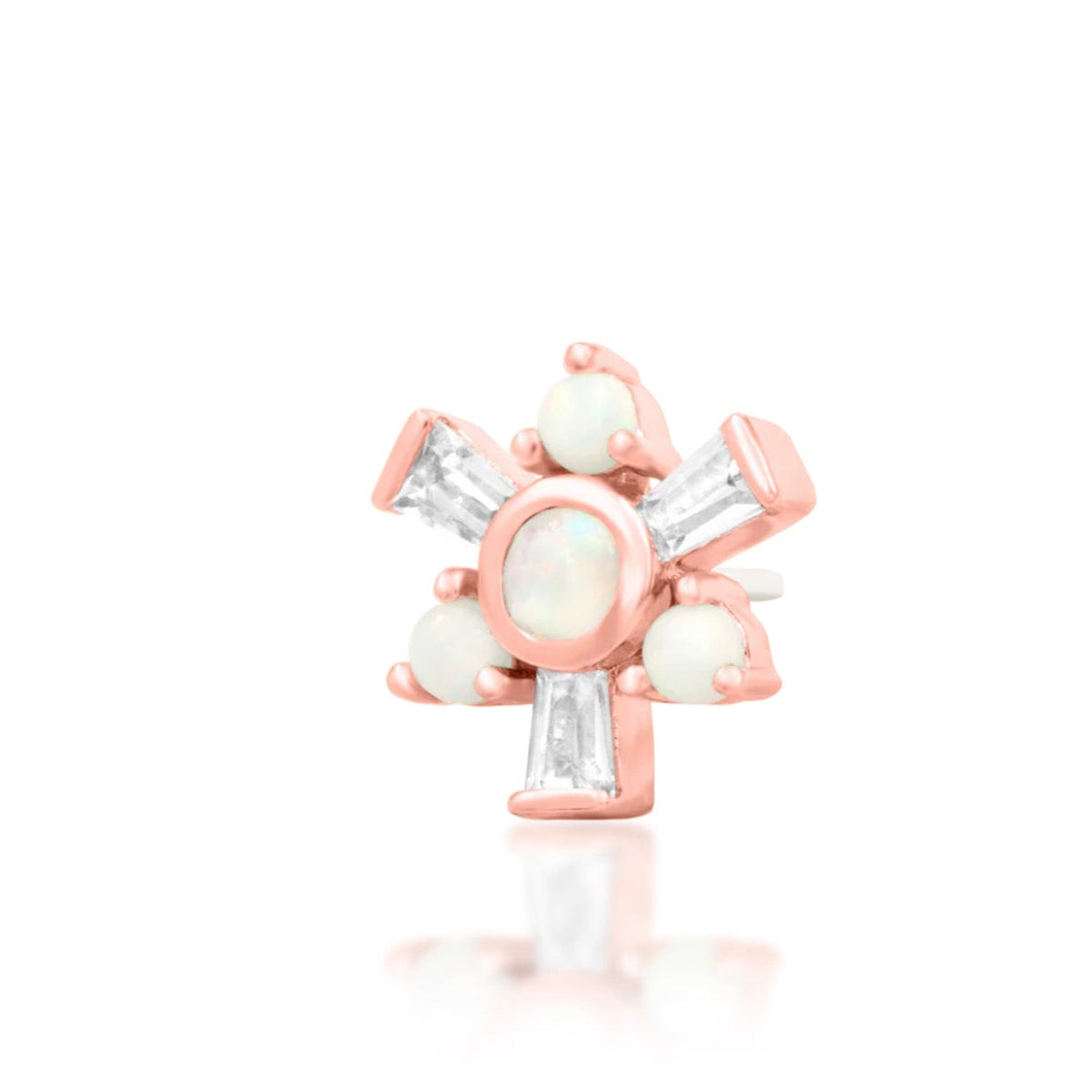 Junipurr Carey solid 14k rose gold opal and baguette White CZ threadless end, angled view.