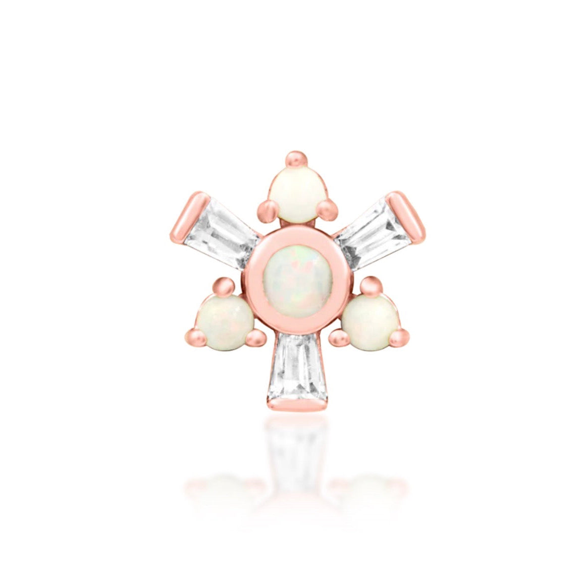 Junipurr Carey solid 14k rose gold threadless end with opals and baguette White CZ stones, front view.