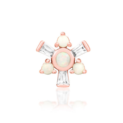 Junipurr Carey solid 14k rose gold threadless end with opals and baguette White CZ stones, front view.