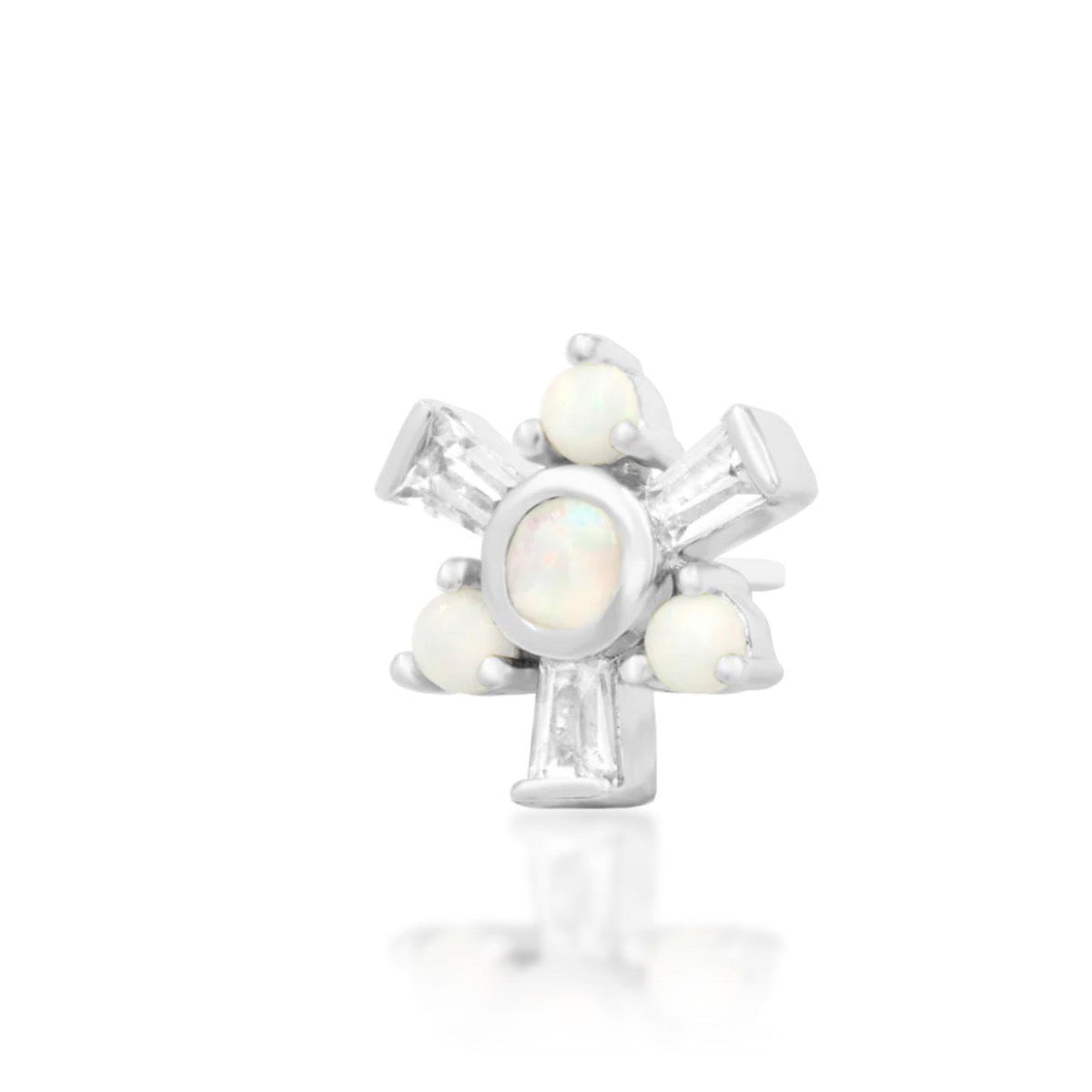 Junipurr Carey solid 14k white gold opal and baguette White CZ threadless end, angled view.