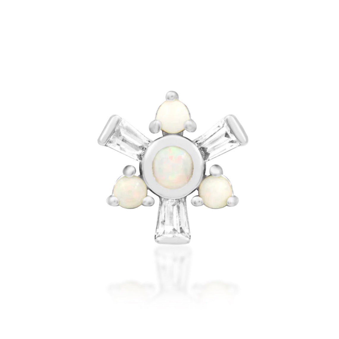 Junipurr Carey solid 14k white gold threadless end with opals and baguette White CZ stones, front view.