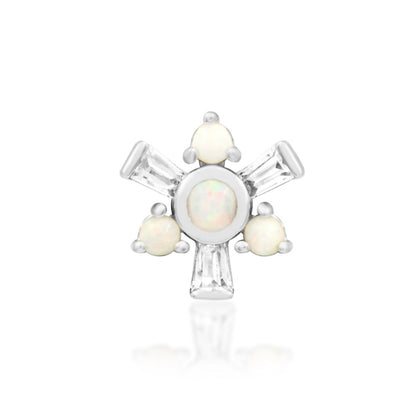 Junipurr Carey solid 14k white gold threadless end with opals and baguette White CZ stones, front view.