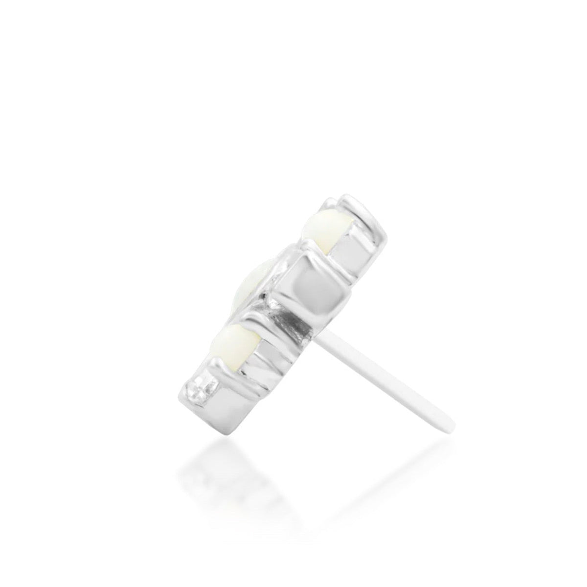Junipurr Carey solid 14k white gold opal and White CZ threadless end, side profile.