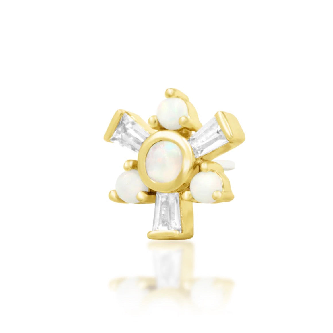 Junipurr Carey solid 14k yellow gold opal and baguette White CZ threadless end, angled view.