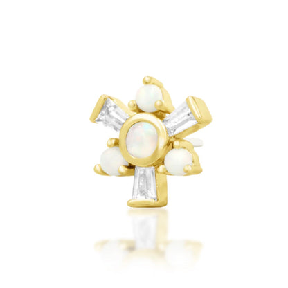 Junipurr Carey solid 14k yellow gold opal and baguette White CZ threadless end, angled view.
