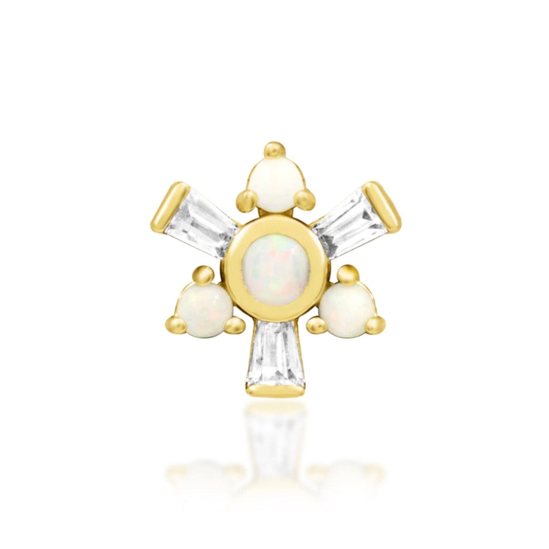 Junipurr Carey solid 14k yellow gold threadless end with opals and baguette White CZ stones, front view.