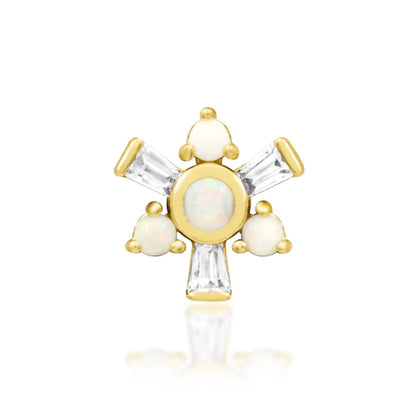 Junipurr Carey solid 14k yellow gold threadless end with opals and baguette White CZ stones, front view.