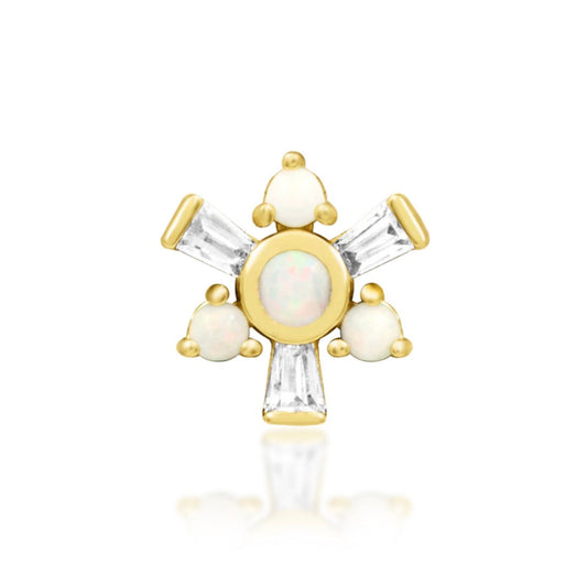 Junipurr Carey solid 14k yellow gold threadless end with opals and baguette White CZ stones, front view.