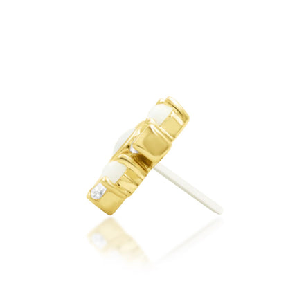 Junipurr Carey solid 14k yellow gold opal and White CZ threadless end, side profile.