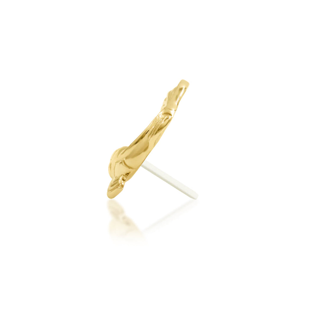 Junipurr Carp-E Diem solid 14k yellow gold koi-fish threadless end, side profile.