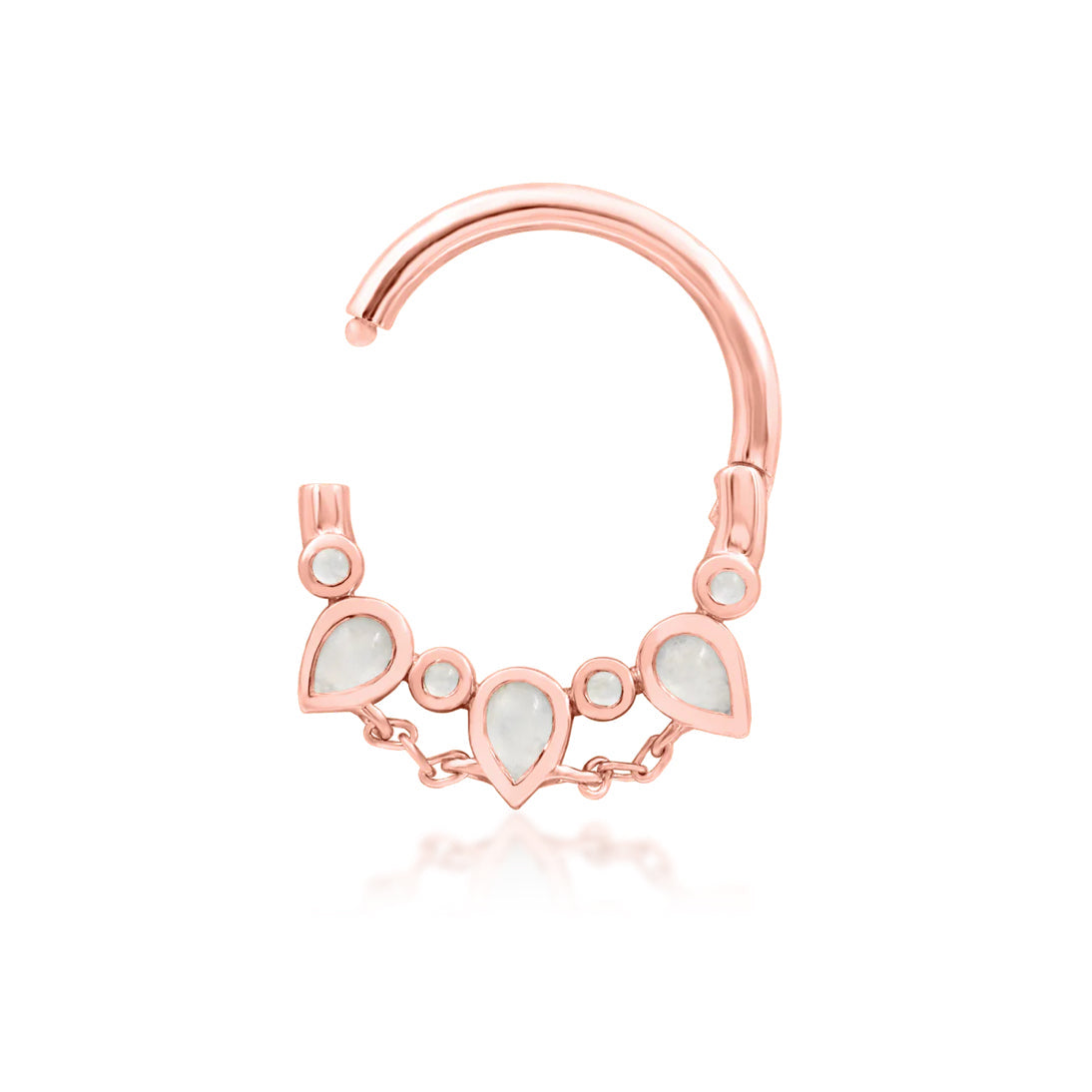 Junipurr Catalina solid 14k rose gold moonstone clicker ring, angled view.