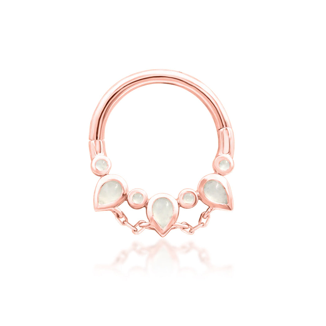 Junipurr Catalina solid 14k rose gold clicker ring with pear-cut moonstones, front view.