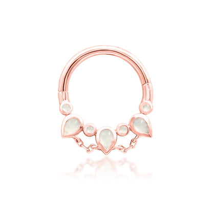 Junipurr Catalina solid 14k rose gold clicker ring with pear-cut moonstones, front view.