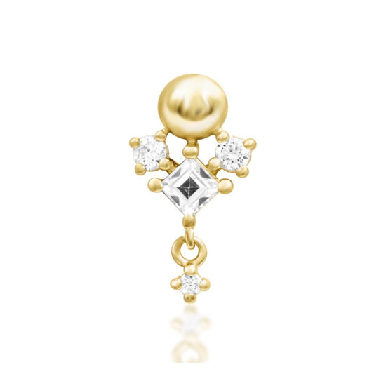 Junipurr Celesta solid 14k yellow gold White CZ dangle threadless end, front view.