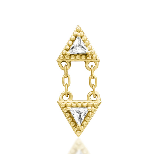 Junipurr Chandry solid 14k gold threadless end with miniature triangle elements, bead detail and chain.