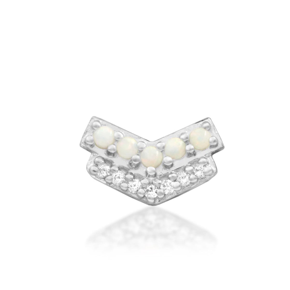 Junipurr Chevry solid 14k white gold chevron threadless end with opal and White CZ, front view.