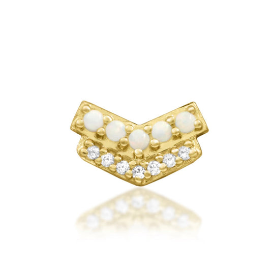 Junipurr Chevry solid 14k yellow gold chevron threadless end with opal and White CZ, front view.