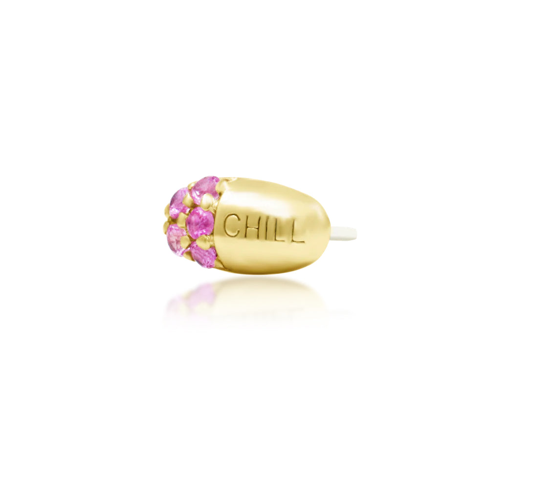 Junipurr Chill Pill solid 14k yellow gold Pink CZ threadless end, angled view.