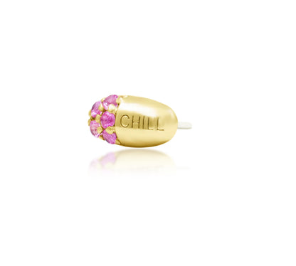 Junipurr Chill Pill solid 14k yellow gold Pink CZ threadless end, angled view.