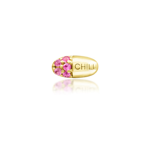 Junipurr Chill Pill solid 14k yellow gold pill-shaped threadless end with Pink CZ accents, front view.