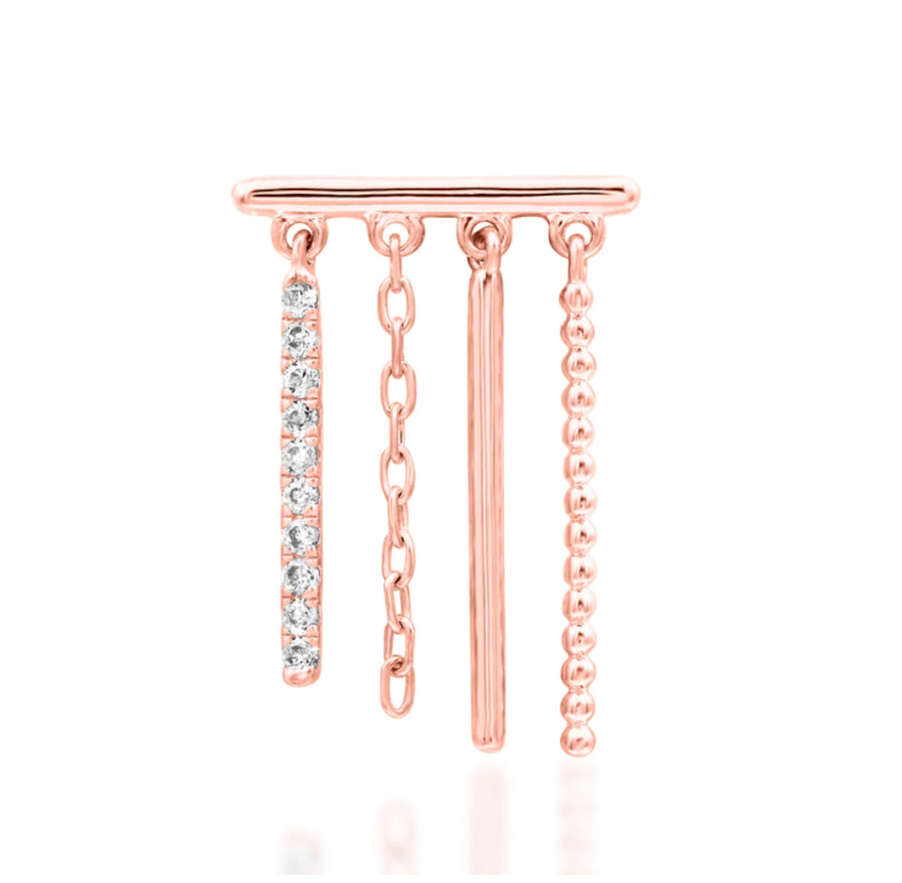 Junipurr Chime solid 14k rose gold White CZ double-piercing chain earring, product view.