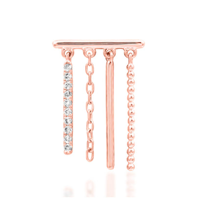 Junipurr Chime solid 14k rose gold White CZ double-piercing chain earring, product view.
