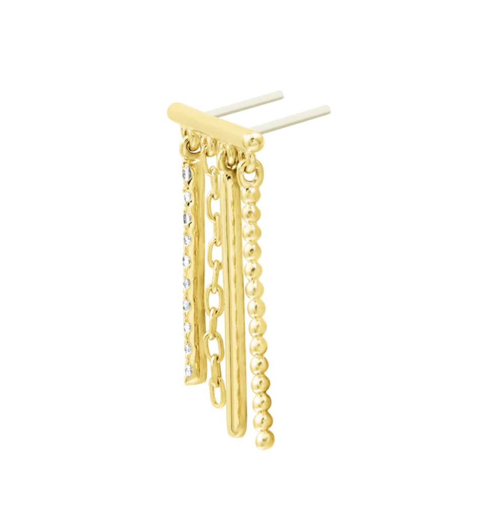 Junipurr Chime solid 14k gold White CZ double-piercing chain earring, product view.