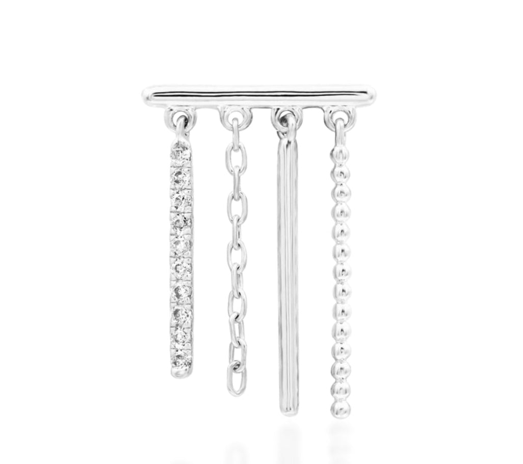 Junipurr Chime solid 14k white gold White CZ double-piercing chain earring, product view.