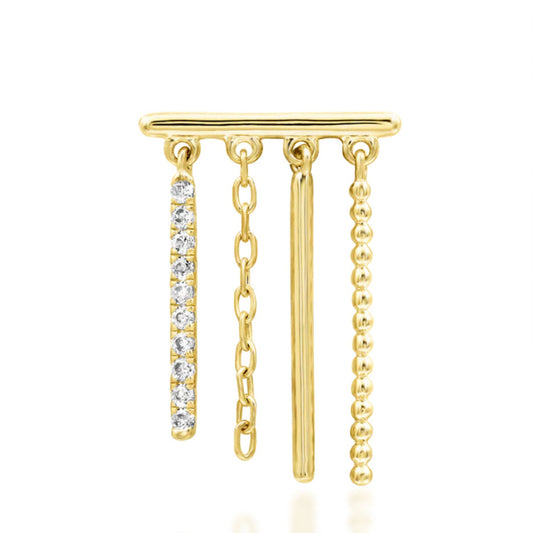Junipurr Chime solid 14k yellow gold White CZ double-piercing chain earring, product view.