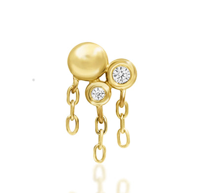 Junipurr Cleo yellow gold jewellery with a polished bead, two white CZ bezels and three chain drops.