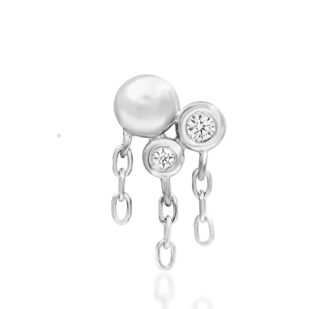 Junipurr Cleo white gold jewellery with a polished bead, two white CZ bezels and three chain drops.