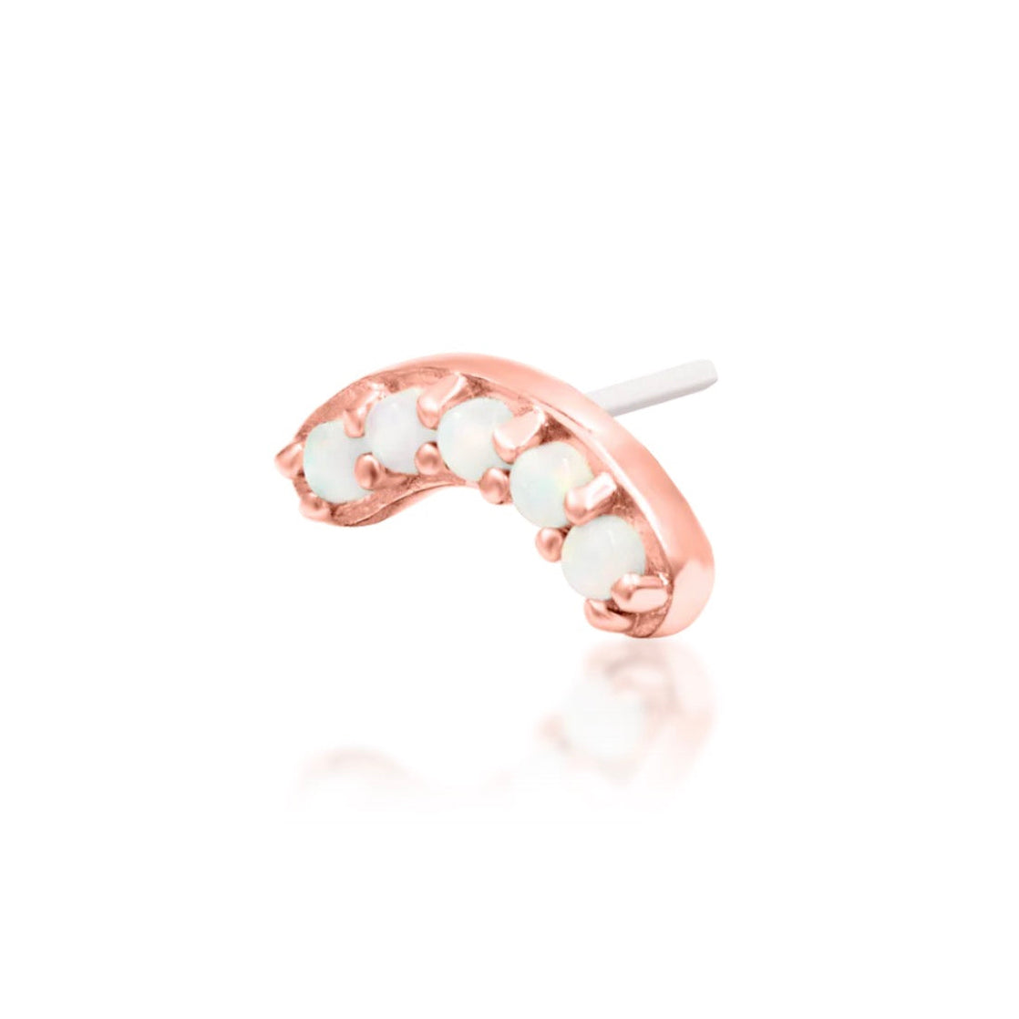 Junipurr Curven solid 14k rose gold opal crescent threadless end, angled view.