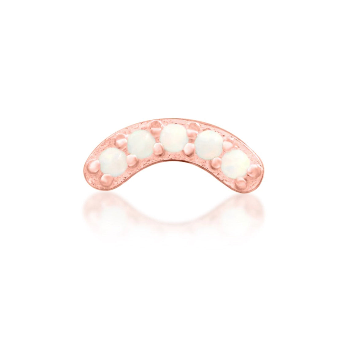 Junipurr Curven solid 14k rose gold crescent threadless end with five opals, front view.