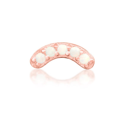 Junipurr Curven solid 14k rose gold crescent threadless end with five opals, front view.