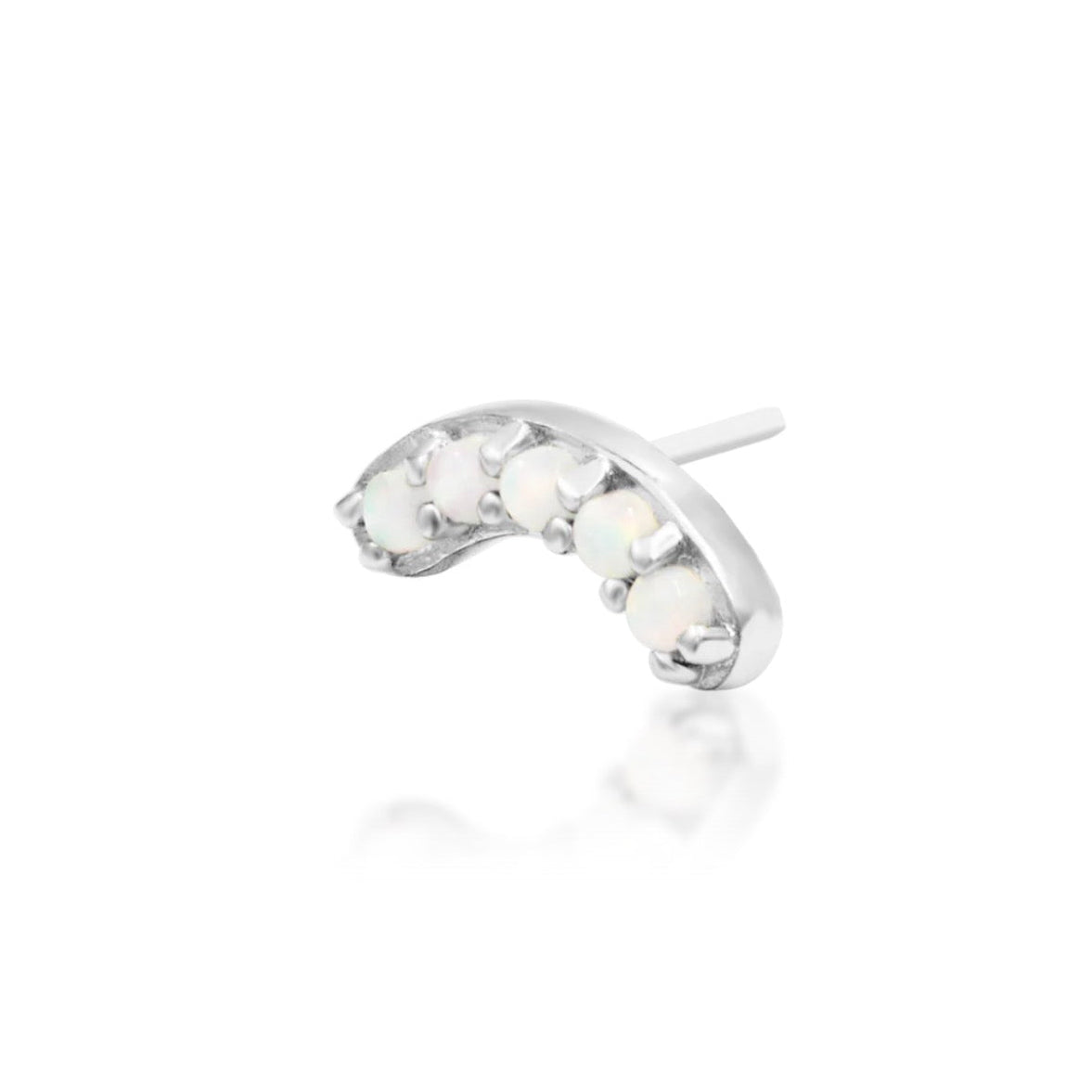 Junipurr Curven solid 14k white gold opal crescent threadless end, angled view.