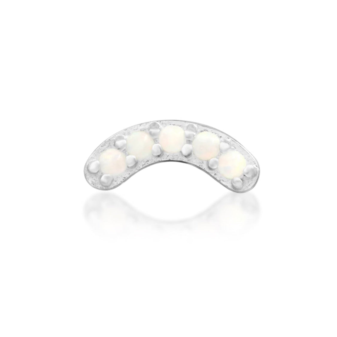 Junipurr Curven solid 14k white gold crescent threadless end with five opals, front view.