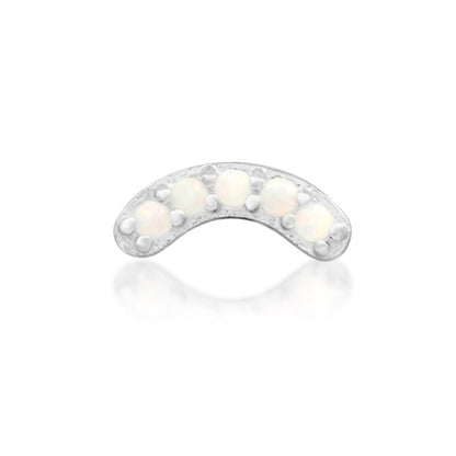 Junipurr Curven solid 14k white gold crescent threadless end with five opals, front view.