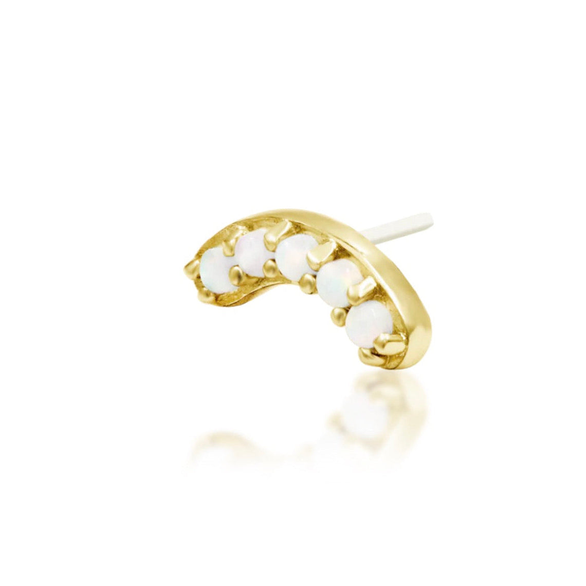 Junipurr Curven solid 14k yellow gold opal crescent threadless end, angled view.
