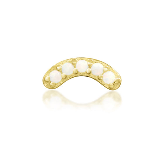 Junipurr Curven solid 14k yellow gold crescent threadless end with five opals, front view.