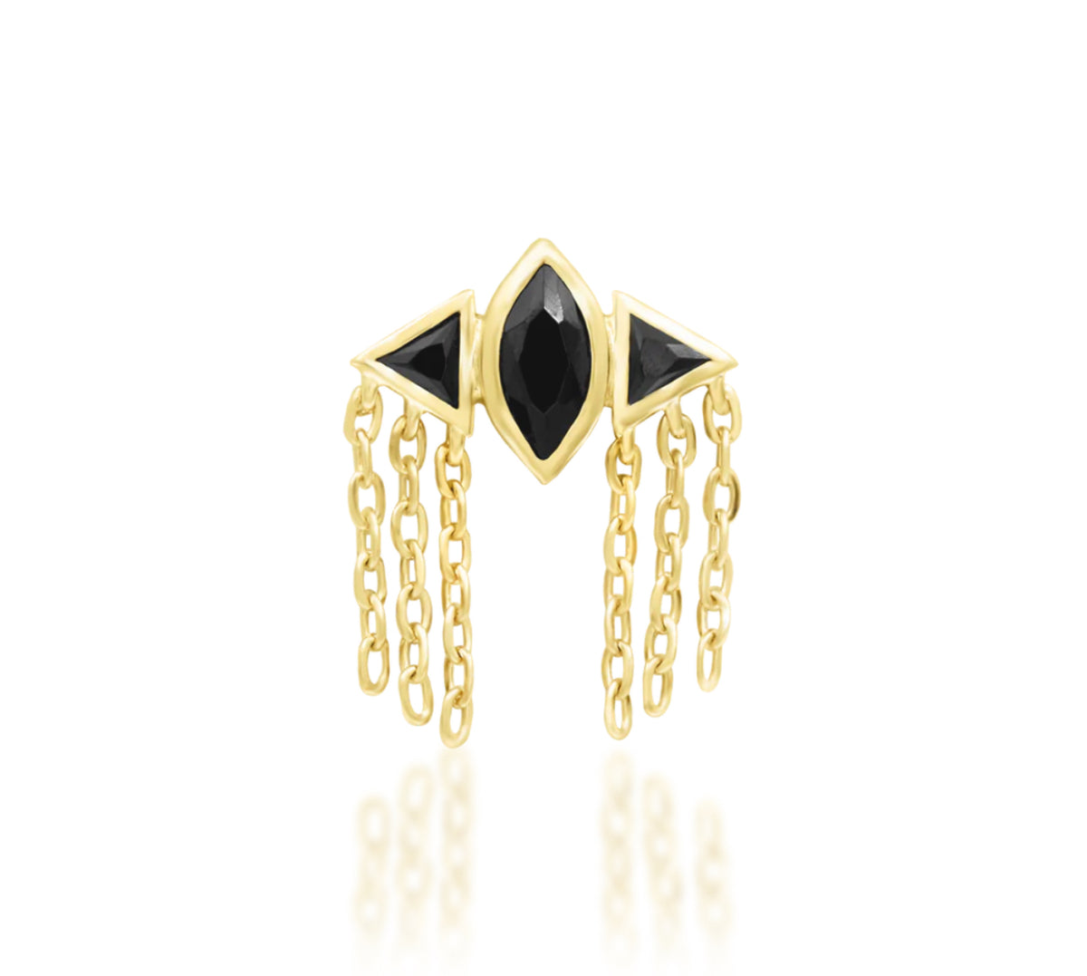 Junipurr Cyrene yellow gold jewellery with a central black marquise CZ, triangular side stones and dangling chains.