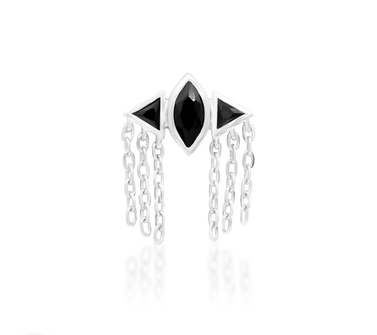 Junipurr Cyrene white gold jewellery with a central black marquise CZ, triangular side stones and dangling chains.