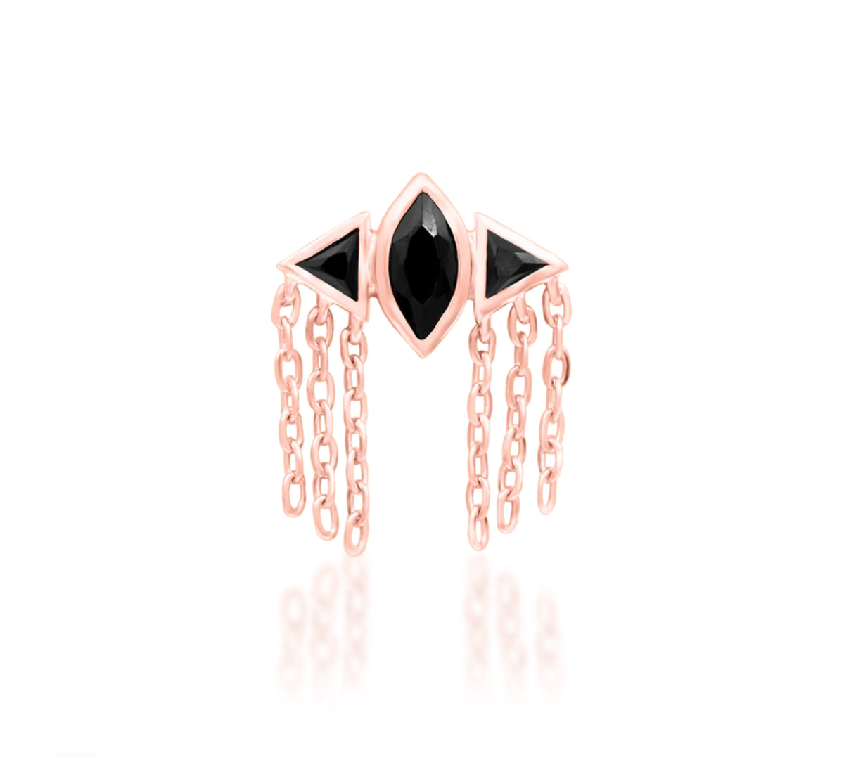 Junipurr Cyrene rose gold jewellery with a central black marquise CZ, triangular side stones and dangling chains.