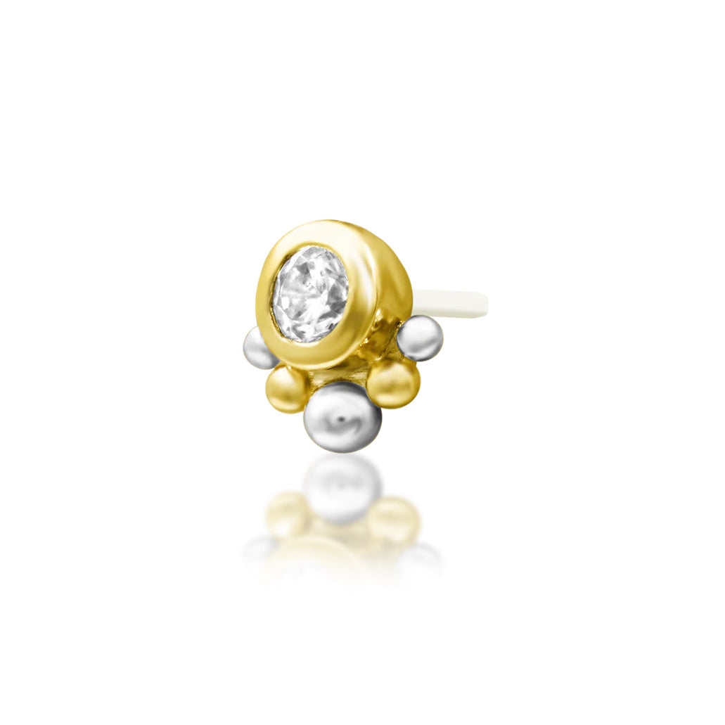 Junipurr Darling yellow gold White CZ Threadless Decorative End, angled view.