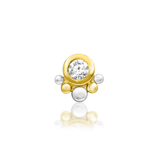 Junipurr Darling yellow gold White CZ Threadless Decorative End, front view.
