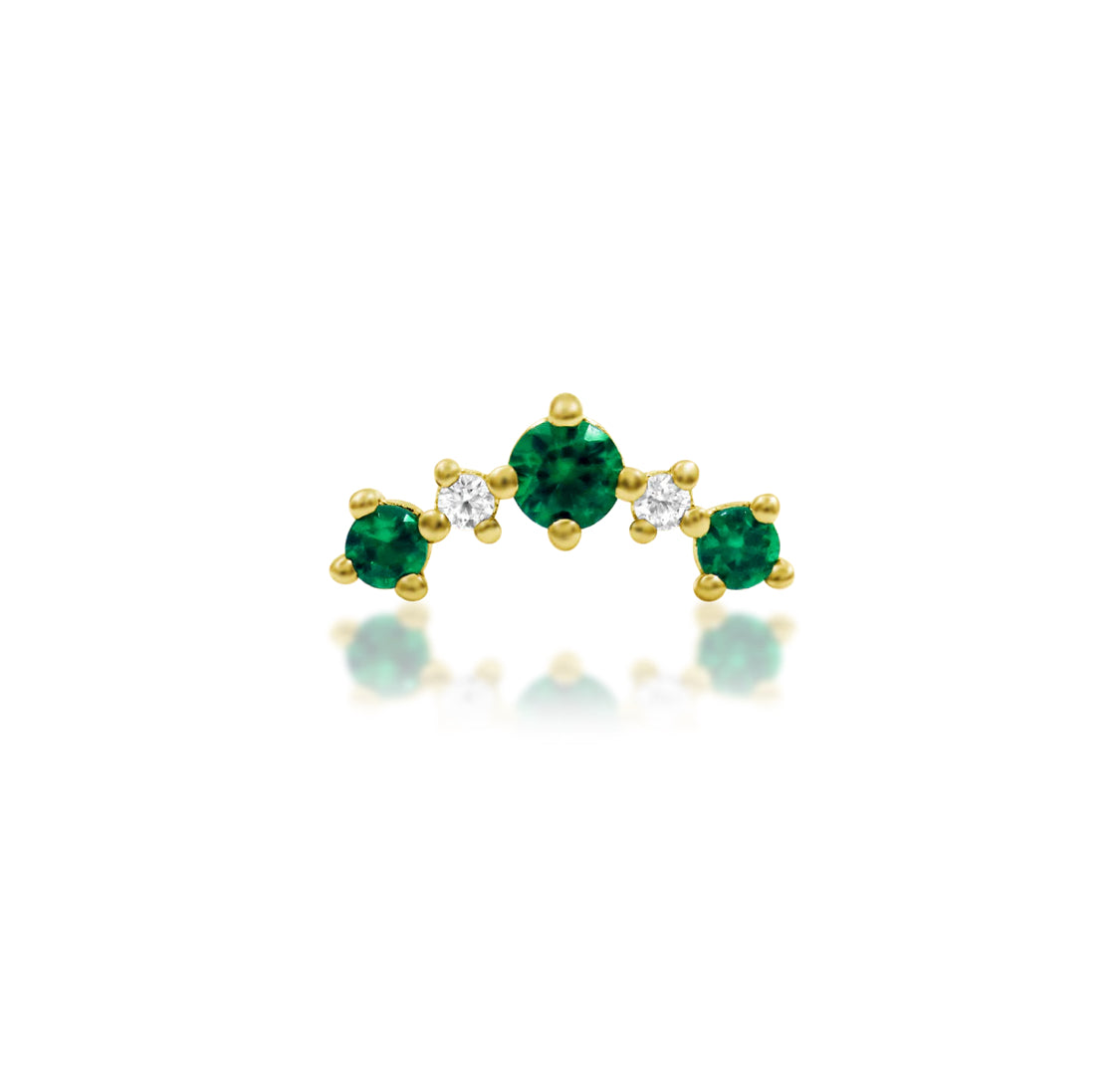 Junipurr Deaver yellow gold Emerald Green CZ Threadless Decorative End, front view.